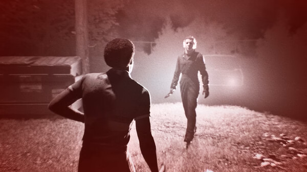 Screenshot from Halloween: The Game showing a tense standoff, with one character approaching another in a dimly lit outdoor area.