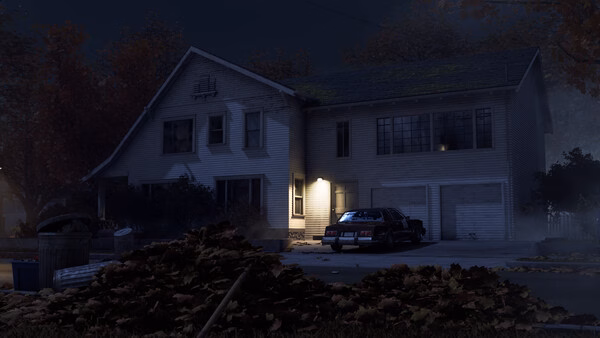 A screenshot from Halloween: The Game showing a spooky suburban house at night with a police car parked outside.