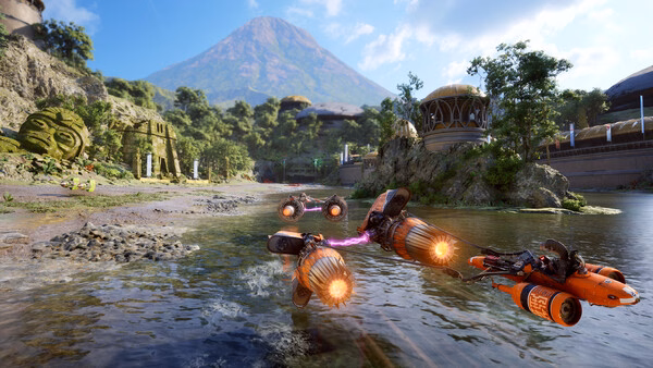 Screenshot from STAR WARS: Galactic Racer™ showing podracers speeding through a lush, scenic track with a mountain backdrop.