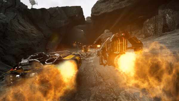 Screenshot from STAR WARS: Galactic Racer™ showing two speeders racing through a rocky canyon with fiery exhaust trails.