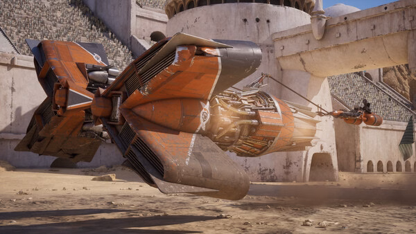 Screenshot from STAR WARS: Galactic Racer™ showing a detailed orange podracer speeding through a Tatooine desert track.