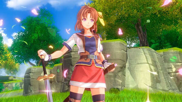 Screenshot from Trails in the Sky 2nd Chapter showing a character holding a sword in a vibrant outdoor setting with trees and flowers.