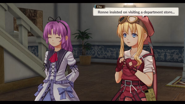Screenshot from Trails in the Sky 2nd Chapter showing Tita and Renne standing indoors, with dialogue about visiting a department store.