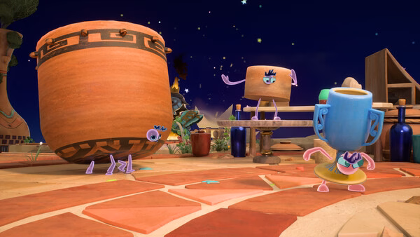 Screenshot from the game Kiln showing colorful pottery characters with expressive faces in a clay-themed setting at night.