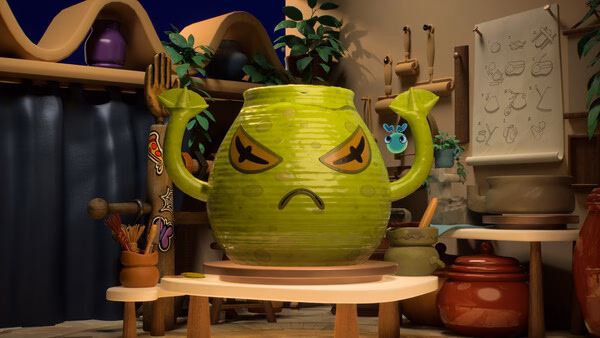 Screenshot from Kiln showing a green, animated clay pot with arms and an angry face in a pottery workshop.