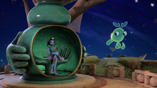 Screenshot from the game Kiln showing a character seated inside a green pottery-shaped structure with a glowing floating creature nearby.