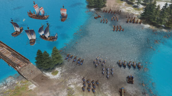 Screenshot from Age of Empires IV: Dynasties of the East showing armies and ships preparing for battle near a bridge and shoreline.