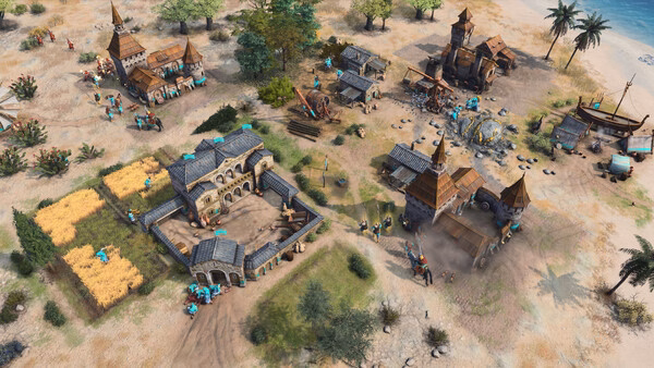 A screenshot from Age of Empires IV: Dynasties of the East showing a medieval village with buildings, soldiers, and farmland.