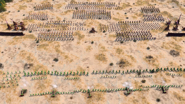 A screenshot from Age of Empires IV: Dynasties of the East showing massive armies preparing for a battle on an open field.