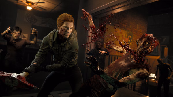 A "No More Room in Hell 2" screenshot showing a survivor attacking a zombie with a bloodied axe as others approach in a dark room.