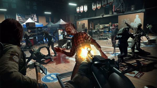 A "No More Room in Hell 2" screenshot showing players battling zombies in a chaotic indoor gym setting with firearms.