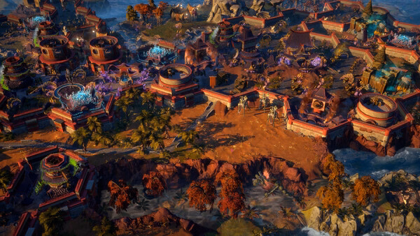 Screenshot from ENDLESS Legend 2 showing a vibrant cityscape with colorful buildings, lush terrain, and flowing water around.