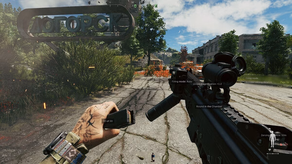 Screenshot from Active Matter showing a player's hand loading a magazine into a rifle, with a war-torn street in the background.