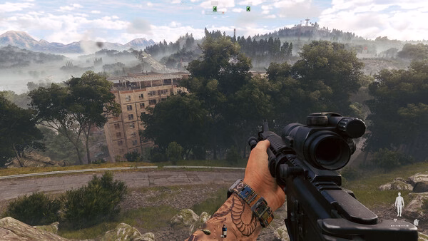 A screenshot from Active Matter shows a tattooed arm holding a scoped rifle, overlooking a misty forest and an abandoned building.
