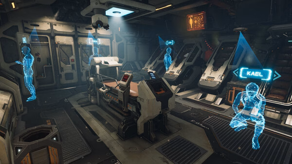 Screenshot from Escape Simulator 2 showing a futuristic room with holographic characters and advanced equipment.
