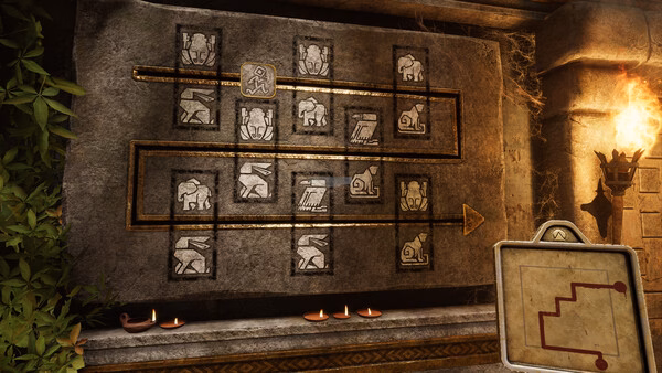 Screenshot from Escape Simulator 2 showing a stone puzzle with animal symbols, lit candles, and a map in the corner.