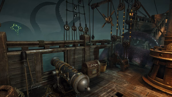 A screenshot from Escape Simulator 2 showing a pirate ship deck with a cannon, treasure chest, and giant tentacles in the mist.