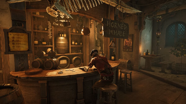 A screenshot from Escape Simulator 2 showing a player investigating a bar counter in the dimly lit Horned Whale tavern.