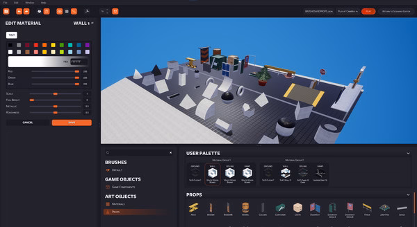 Screenshot of KovaaK's showing a level editor with various props, objects, and tools on a grid in a 3D workspace.