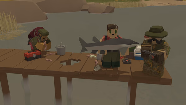 A screenshot from Unturned showing three characters fishing on a wooden dock, one holding a large fish.