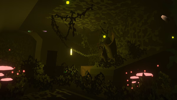 A screenshot from Unturned showing a dimly lit, overgrown underground area with glowing fungi and hanging vines.