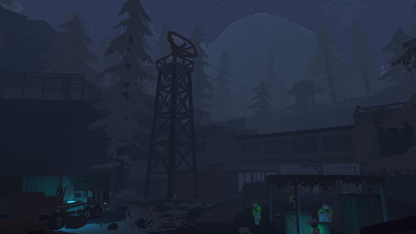 A nighttime Unturned screenshot featuring a dark forest base, a tall radio tower, and glowing zombies near containers.