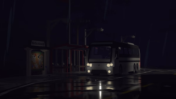 A nighttime Unturned screenshot showing a bus stopped near a dimly lit noticeboard and shelter on a rainy road.