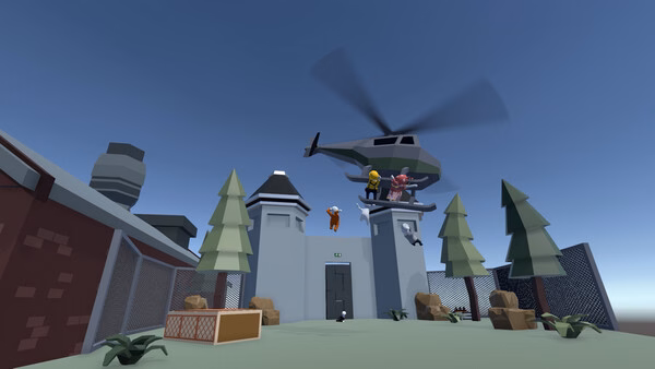 Screenshot from Human Fall Flat showing characters hanging from a helicopter above a walled structure surrounded by trees.