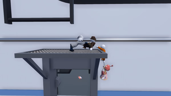 A screenshot from Human Fall Flat showing two players in hats hanging from a platform, with a door visible below.