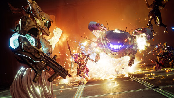 A Destiny 2 screenshot showing a Guardian aiming at a glowing enemy mech as explosions light up the battlefield.