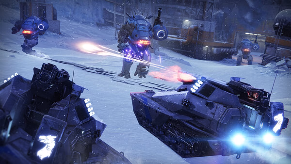 Destiny 2 screenshot of a snowy battlefield with tanks firing lasers and large robots advancing in the background.