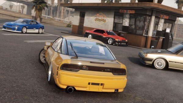A CarX Drift Racing Online screenshot showing four cars drifting near a donut shop in a sunny urban setting.