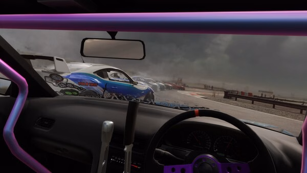 Interior view of a car in CarX Drift Racing Online, showing a lineup of drifting cars on a cloudy track. Game screenshot.