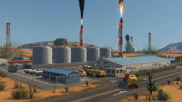 Transport Fever 3 screenshot showing a bustling oil refinery with storage tanks, smokestacks, trucks, and industrial buildings in a desert setting.