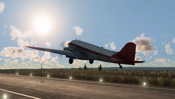 A Transport Fever 3 screenshot showing a red and gray airplane taking off from a runway against a bright, cloudy sky.