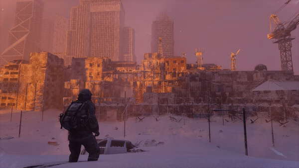 Permafrost screenshot: A lone figure in winter gear explores a snowy, abandoned urban area with tall buildings in the background.