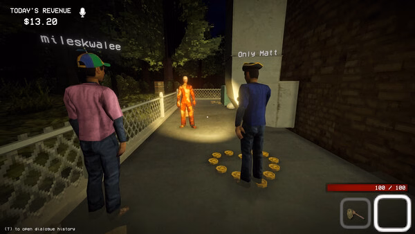 screenshot of Shift At Midnight showing two men facing a glowing figure and scattered gold coins.