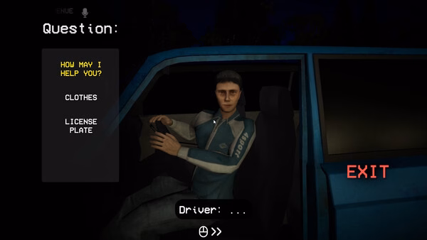Shift At Midnight screenshot showing a visible driver in a car with dialogue options.