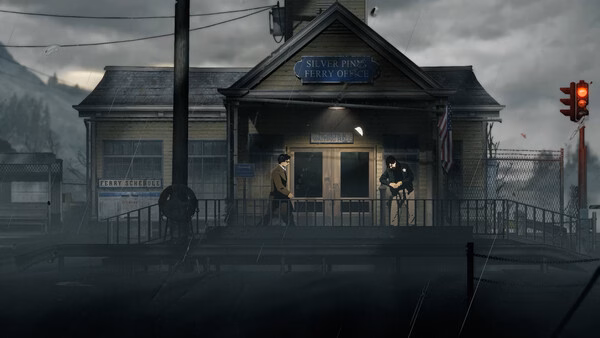Silver Pines screenshot showing two men outside a dark, rainy ferry office at night.