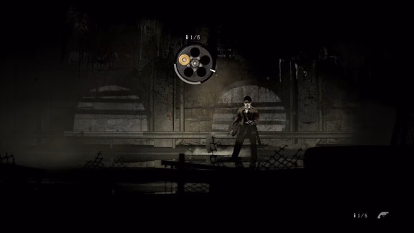Silver Pines screenshot: a man in a trench coat and hat holds a gun in a dark, ruined area.