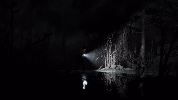 Silver Pines screenshot: a flashlight beam cuts through dark woods, lighting bare trees and water.