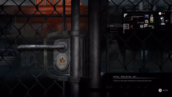 Silver Pines screenshot showing a locked chain-link fence gate with latch and keyhole, plus inventory UI.