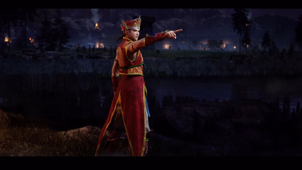 screenshot of DYNASTY WARRIORS 3: Complete Edition Remastered showing a woman in red pointing over a night battlefield.
