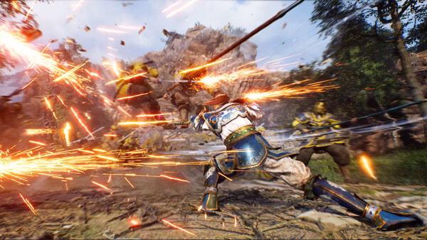 Game screenshot of DYNASTY WARRIORS 3: Complete Edition Remastered showing a blue-armored warrior attacking with fiery sparks.