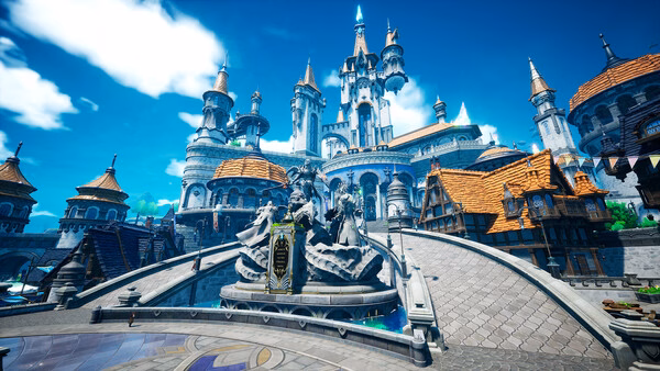 DragonSword : Awakening game screenshot showing a grand castle and statue fountain.