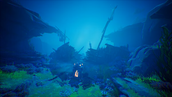 DragonSword : Awakening screenshot of an underwater scene with sunken ruins and seaweed.