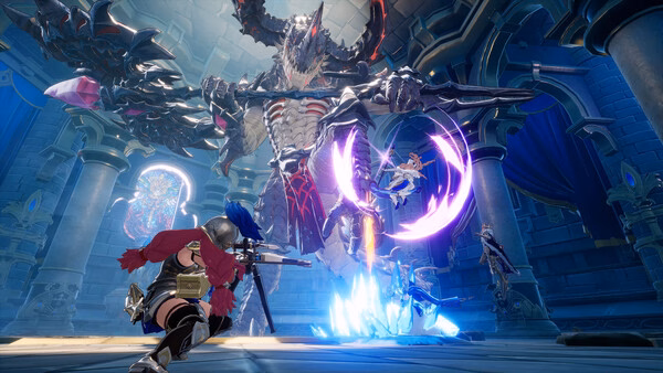 DragonSword : Awakening screenshot of warriors battling a giant armored dragon boss in a cathedral.