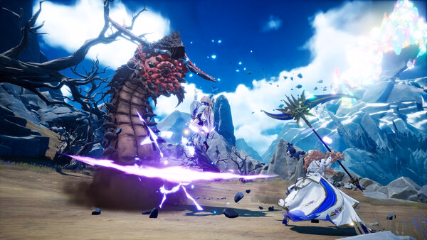 DragonSword : Awakening screenshot showing heroes fighting a giant monstrous worm in a rocky landscape.