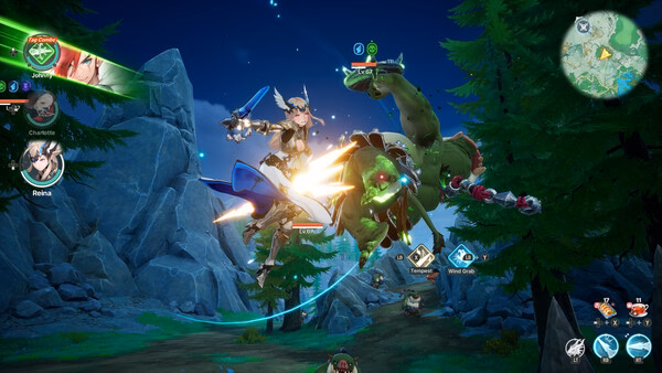 DragonSword : Awakening screenshot: a winged warrior battles a giant green dragon in a moonlit forest.