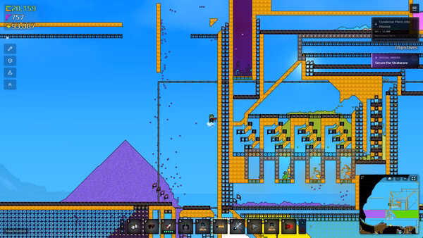 Sandustry screenshot showing a sprawling factory with conveyor belts, machines, and a purple pyramid.